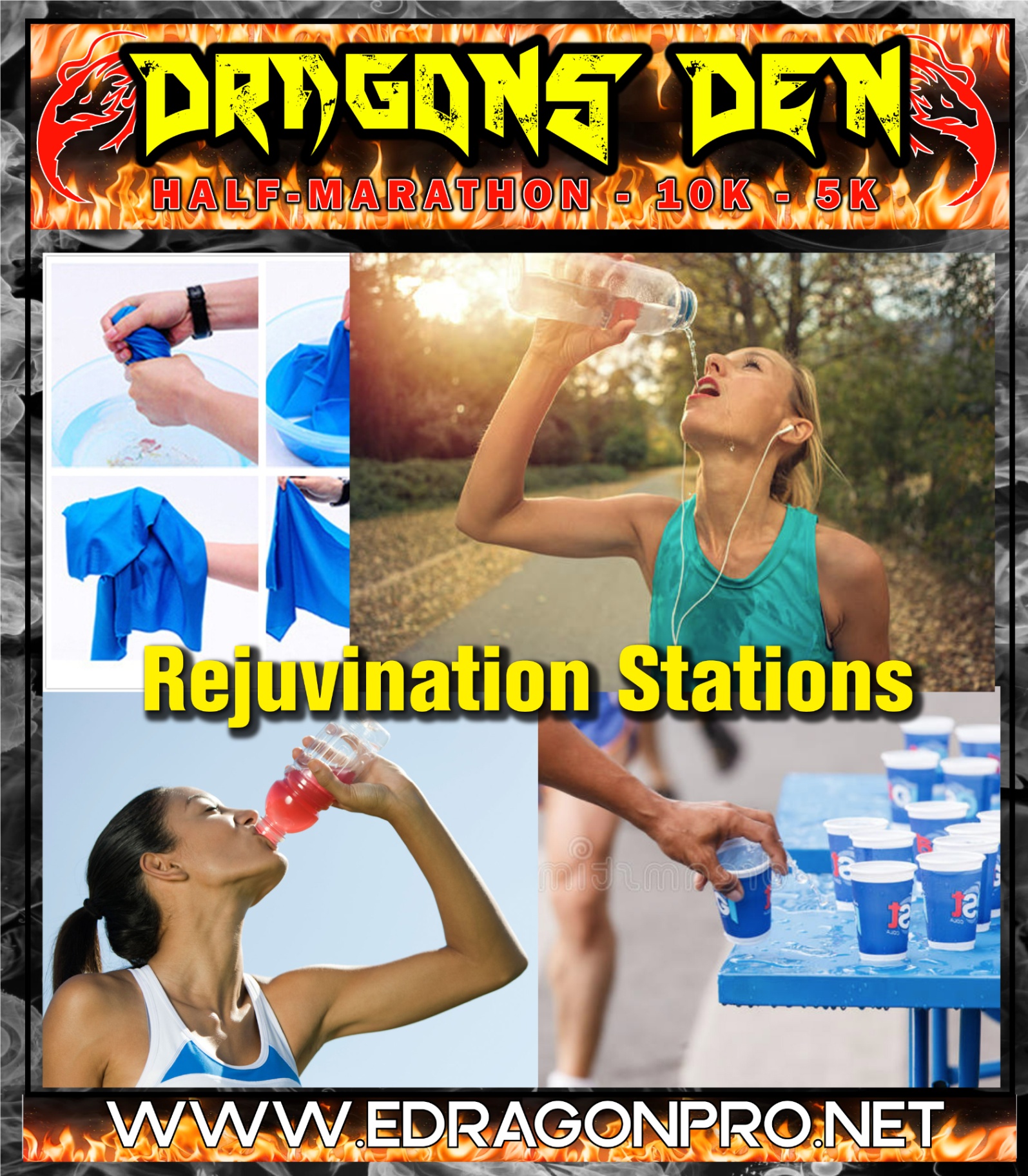 Rejuvenation stations every mile with cold water and electrolytes
