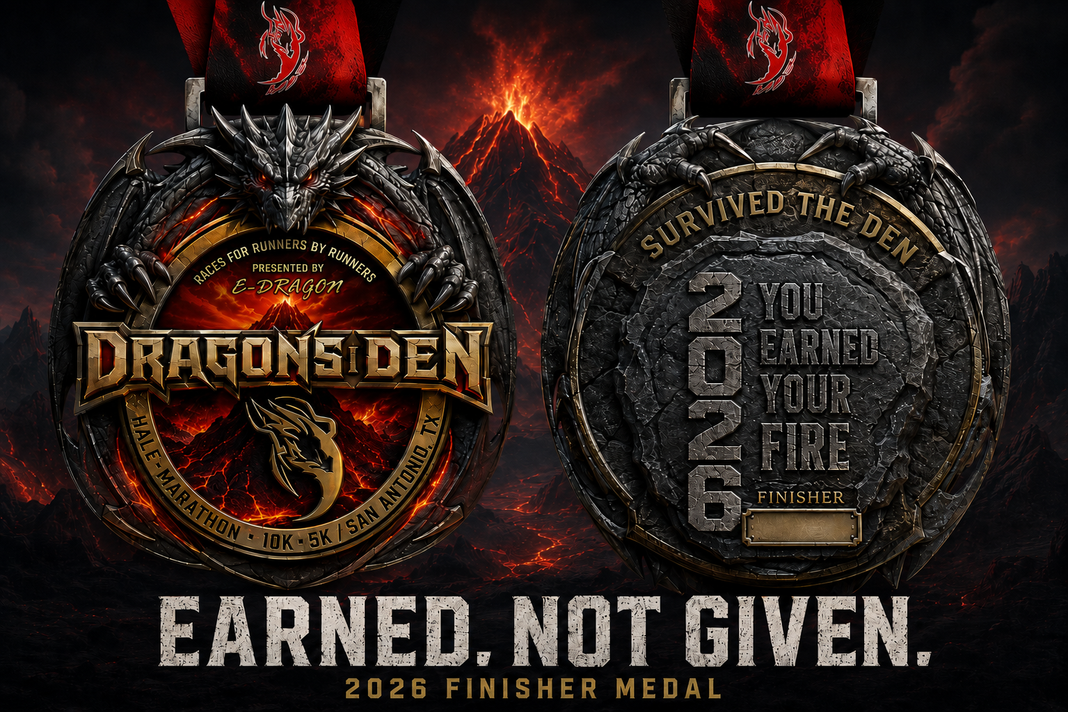 Dragon's Den 2026 finisher medal — Earned. Not Given.